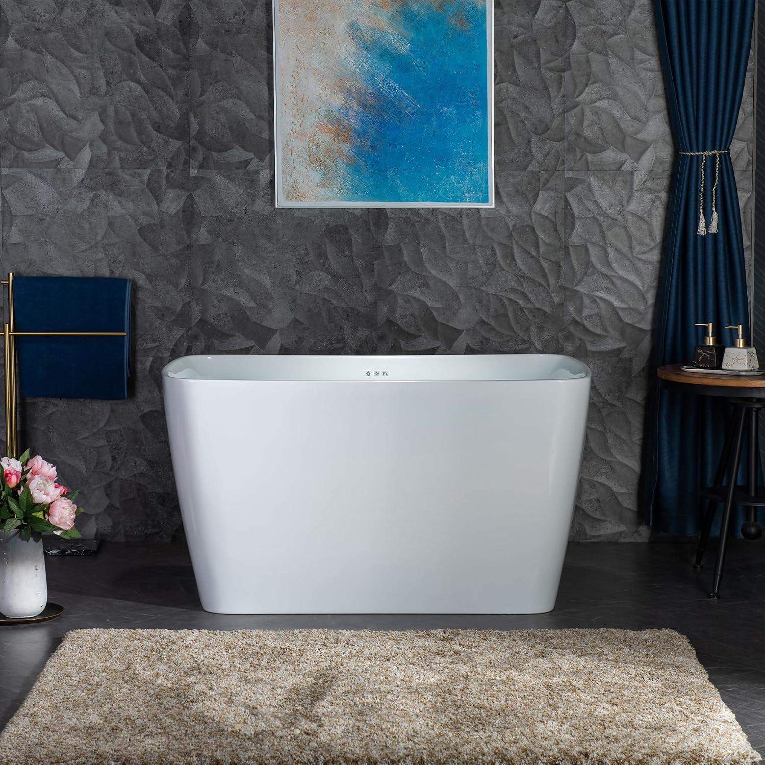 WOODBRIDGE 48' Acrylic Freestanding Rectangular Air Bath Bathtub with Pre-molded Seat and Chrome Pop-Up Drain and Overflow Option, White, B0170-C