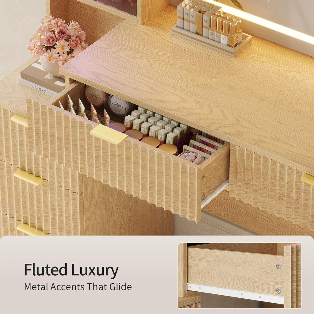 HAUOMS Big Vanity, Fluted Wood Makeup Vanity Desk with Mirror and Sound Sync LED Lights, Large Vanity Dressing Table, 8 Drawers, Charging Station for Girls, Women (Oak, 59.1' Width)