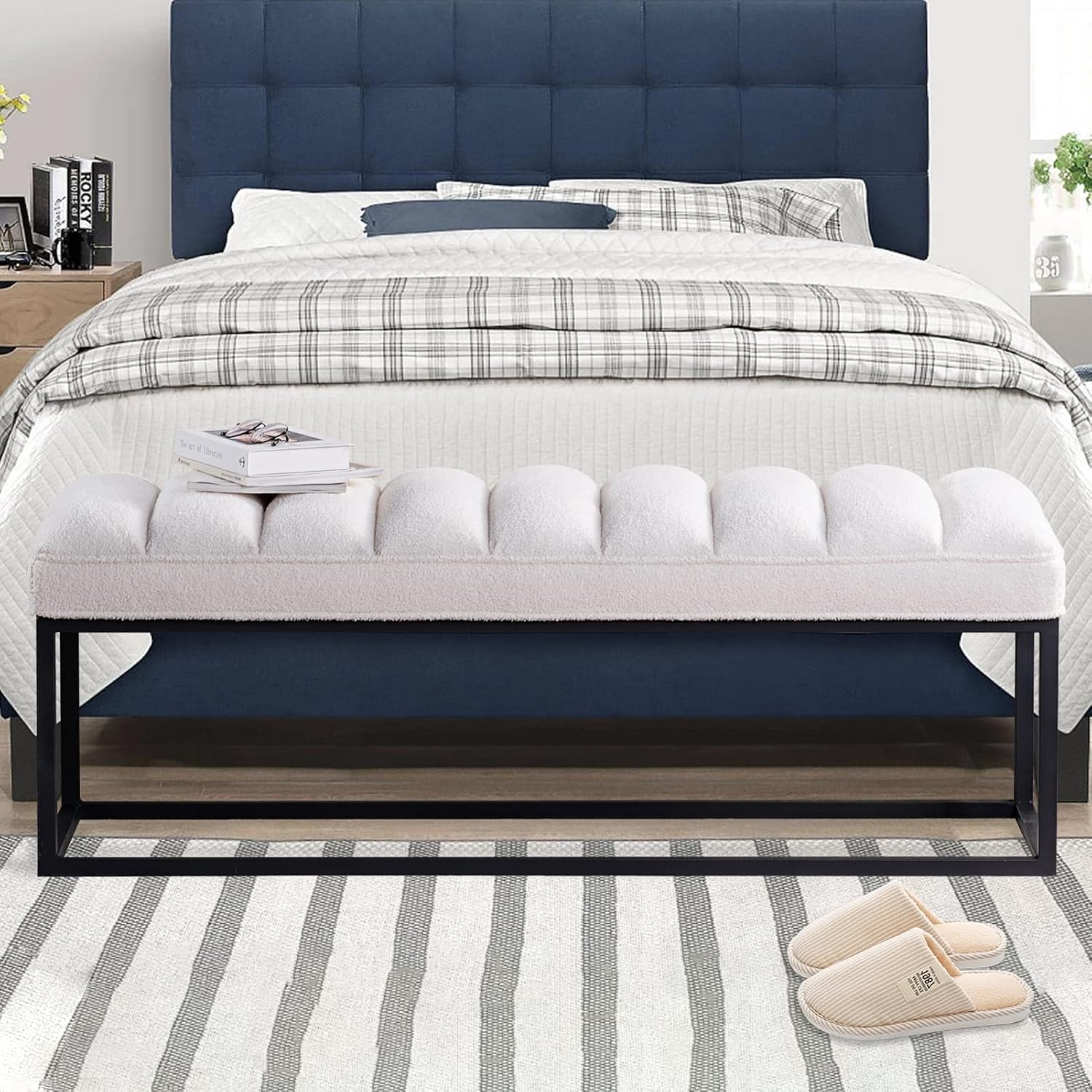 53.5-Inch Upholstered Velvet Ottoman, White Indoor Bench for Entryway, Shoe Bench, Bedroom Seat, End-of-Bed Ottoman, or Vanity Bench with Metal Base (White)