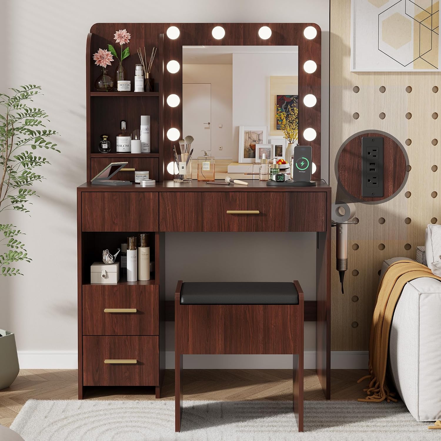 Otterease Vanity Desk with LED Lighted Mirror&Power Outlet, 3 Lighting Colors Makeup Vanity Desk with 5 Large Drawers and 3 Storage Shelves, Walnut Vanity with Storage Stool for Bedroom
