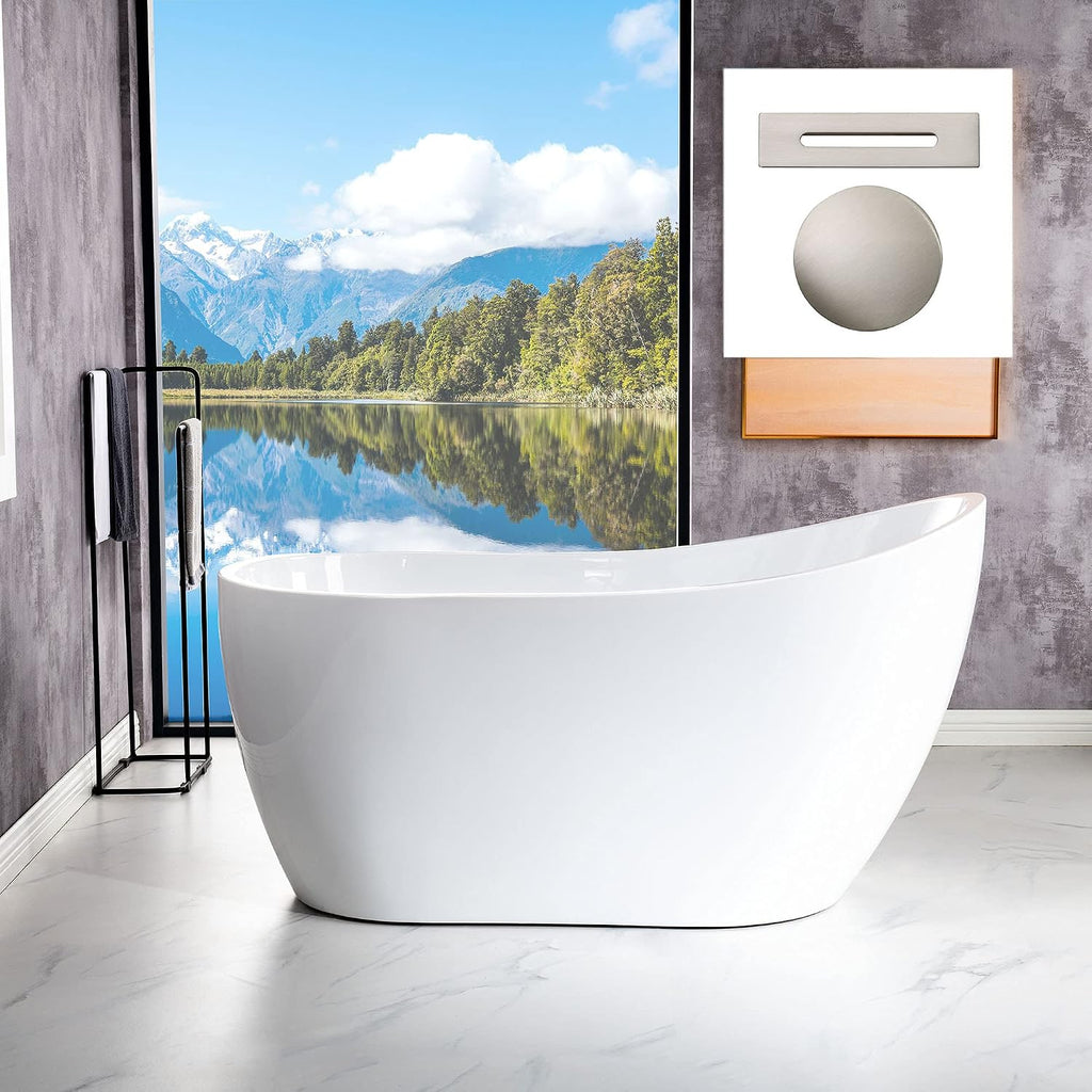 WOODBRIDGE 54'Freestanding White Acylic Soaking Bathtub with Brushed Nickel Drain and Overflow,BTA1507 -B/N-Drain &O