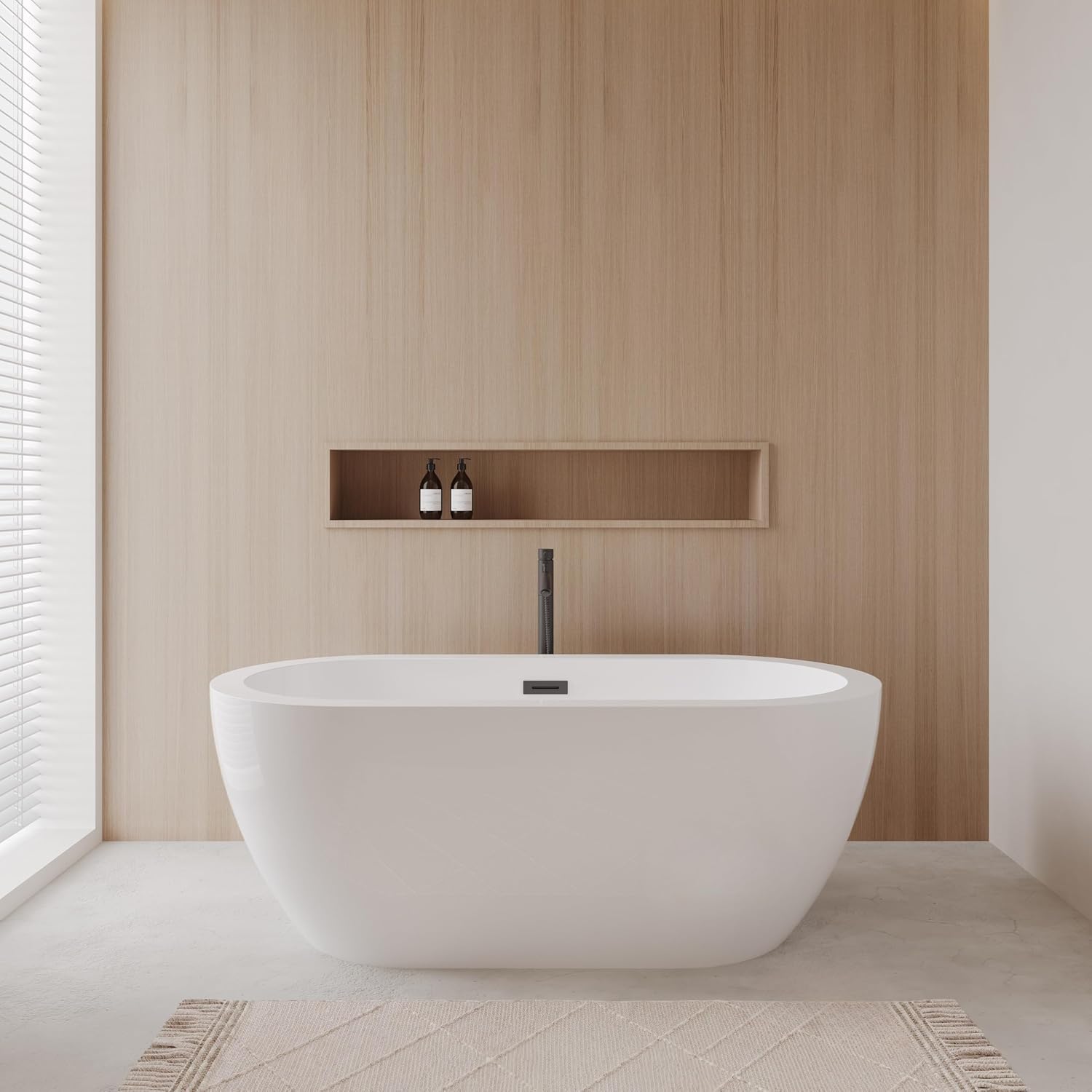 Soho 60 Inch Freestanding Bathtub in White with Floor Mounted Faucet, Drain and Overflow Trim in Matte Black
