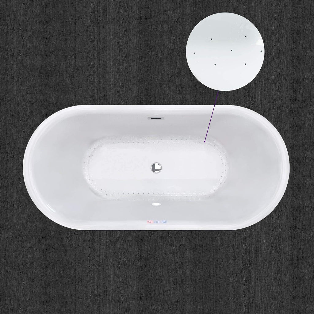 WOODBRIDGE 59' Air Bubble Acrylic Freestanding Bathtub Contemporary Soaking Tub, White Acrylic wirh Chrome Drain and Overflow,B0102-C