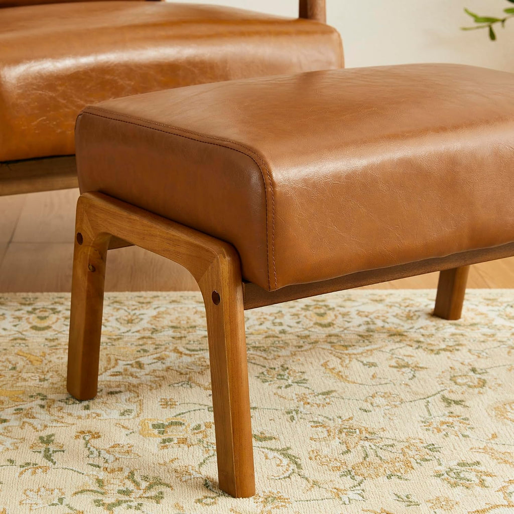 Glitzhome 15.5'(H) Footrest Stool Set of 2, Leatherette Ottoman, Accent Padded Sofa Foot Stool for Accent Chair, Wood Frame Foot Rest Ottoman for Living Room, Bedroom, Yellowish-Brown