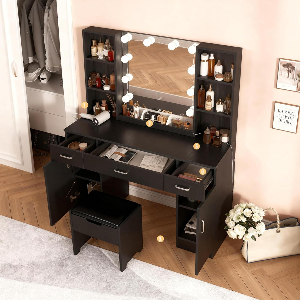 Vabches Vanity Desk with Lighted Mirror, Large Makeup Vanity Table Set with 3 Drawers & 2Cabinets, 3 Lighting Modes, Black Dress Table with Storage Stool, 45.2inch (W)