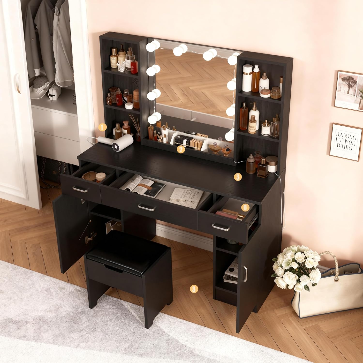 Vabches Vanity Desk with Lighted Mirror, Large Makeup Vanity Table Set with 3 Drawers & 2Cabinets, 3 Lighting Modes, Black Dress Table with Storage Stool, 45.2inch (W)