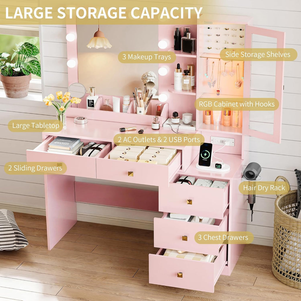 Xixini Vanity Desk with Mirror and Lights, Makeup Vanity Table Set with 5 Storage Drawers, Power Outlet, Small Dressing Table with RGB Ambient Light, Adjustable Brightness for Girls Bedroom, Pink