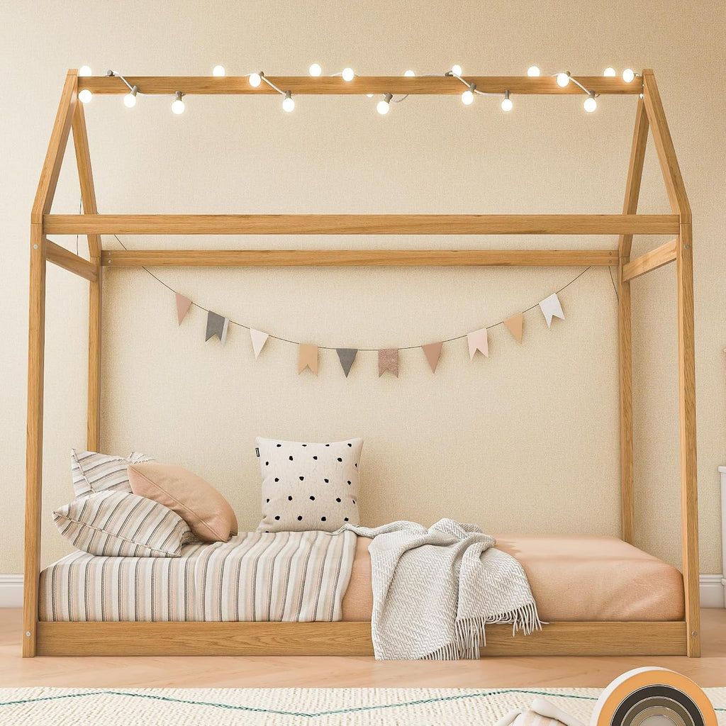 Merax Wooden House Bed, Floor Bed with Light,Twin Size,Wood Color