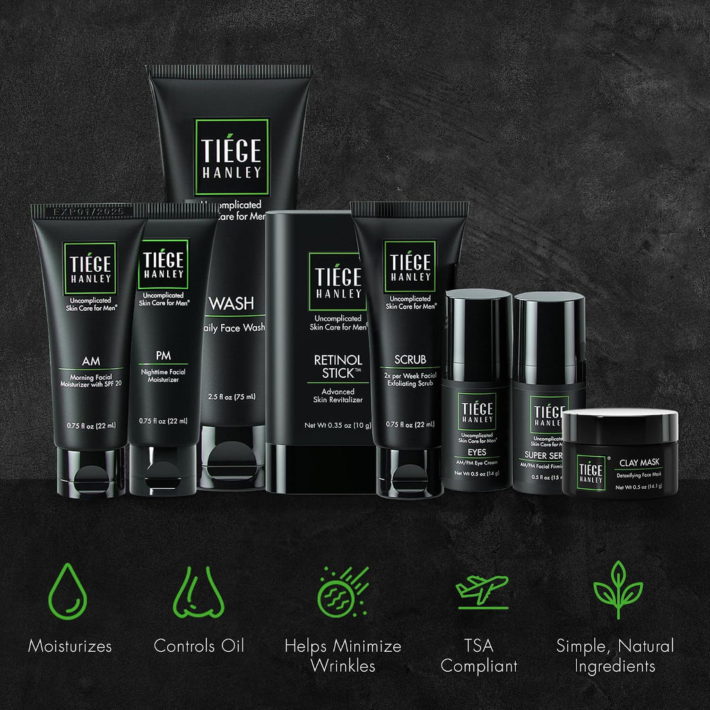 Tiege Hanley Skin Care Set for Men, Rejuvenation Routine, System Level 5, Face Wash, Scrub, Moisturizers, Eye Cream, Serum, Clay Mask, & Retinol Stick for Healthy Skin, Men's Skin Care, 8 Piece Kit