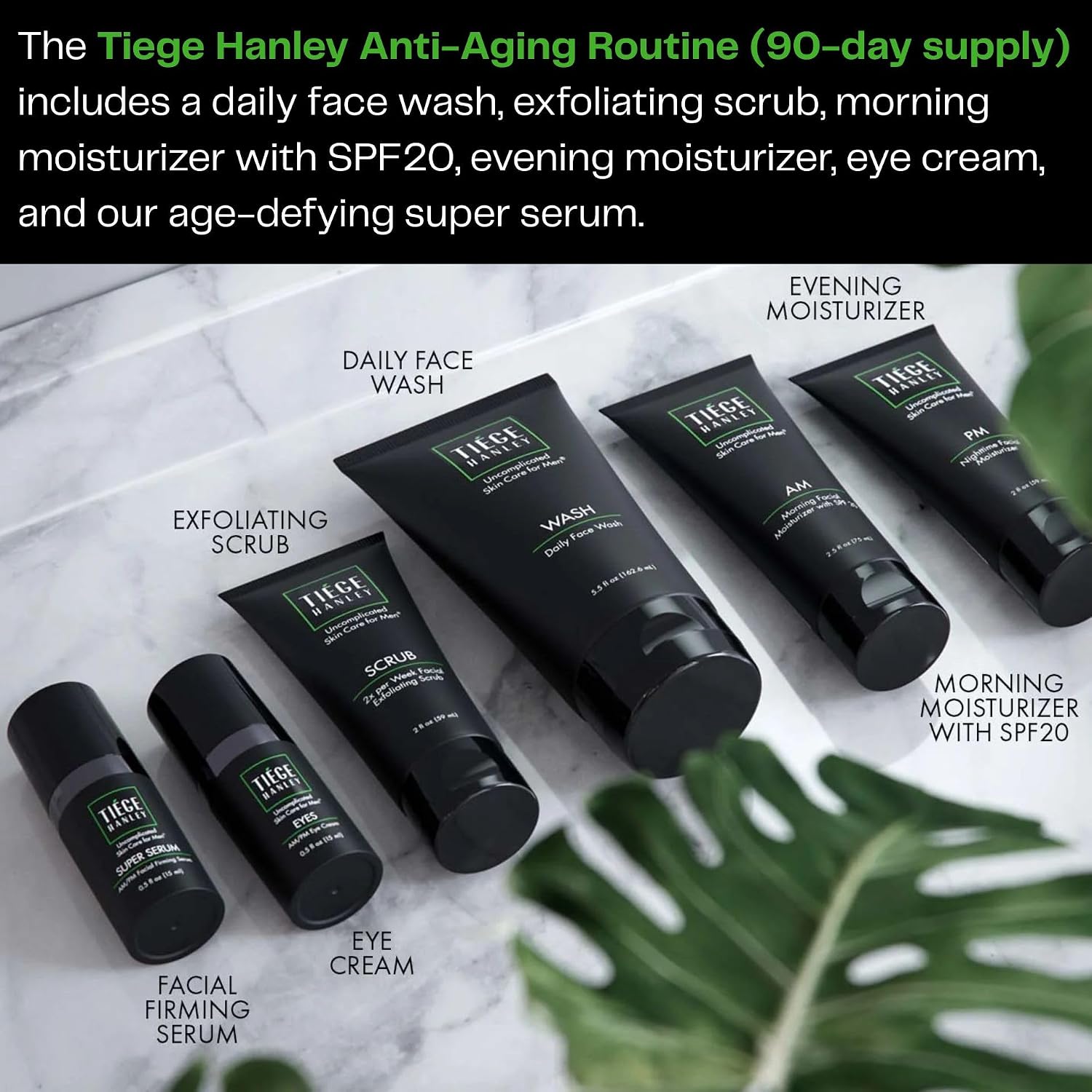 Tiege Hanley 90 Day Large Skin Care Set for Men, Anti Aging Routine, System Level 3, Daily Face Wash, Facial Scrub, Two Moisturizers, Eye Cream, and Serum for Healthy, Hydrated Skin, Men's Skin Care