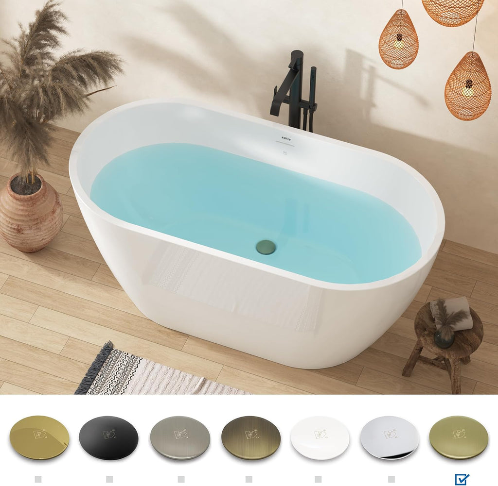 FerdY Bali 55' Freestanding Bathtub, Glossy White Freestanding soaking tub with Brushed Gold Drain & Integrated Slotted Overflow, cUPC Certified