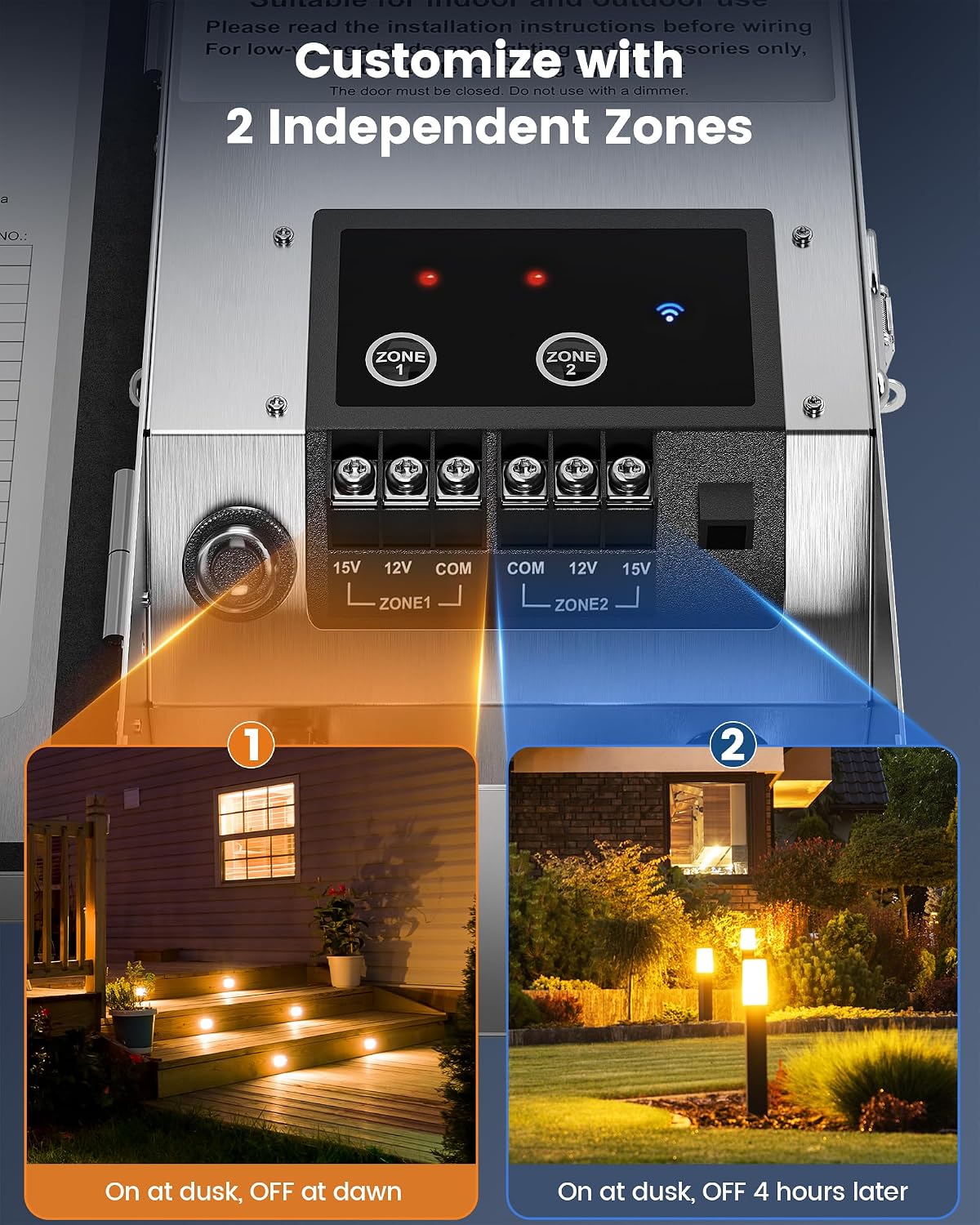 SURAIELEC 300W Wi-Fi Low Voltage Landscape Transformer with 2 Zones, 2.4GHz Smart Outdoor Low Voltage Transformer, Astronomial Timer, 120V to 12V/15V AC, Stainless Steel, ETL Listed