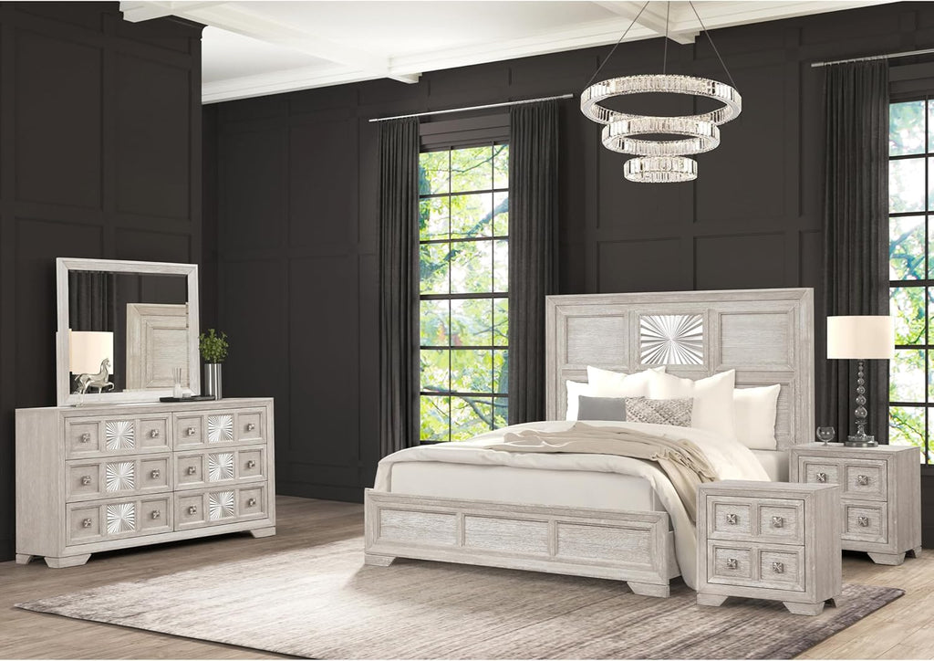 Furniture of America Narella Modern Wood 5-Piece Bedroom Set with Sunburst Pattern, Nickel Brushed Wire Hardware, Felt-Lined Top Drawers, Bracketed Feet, Box Spring Needed, Queen, Light Gray