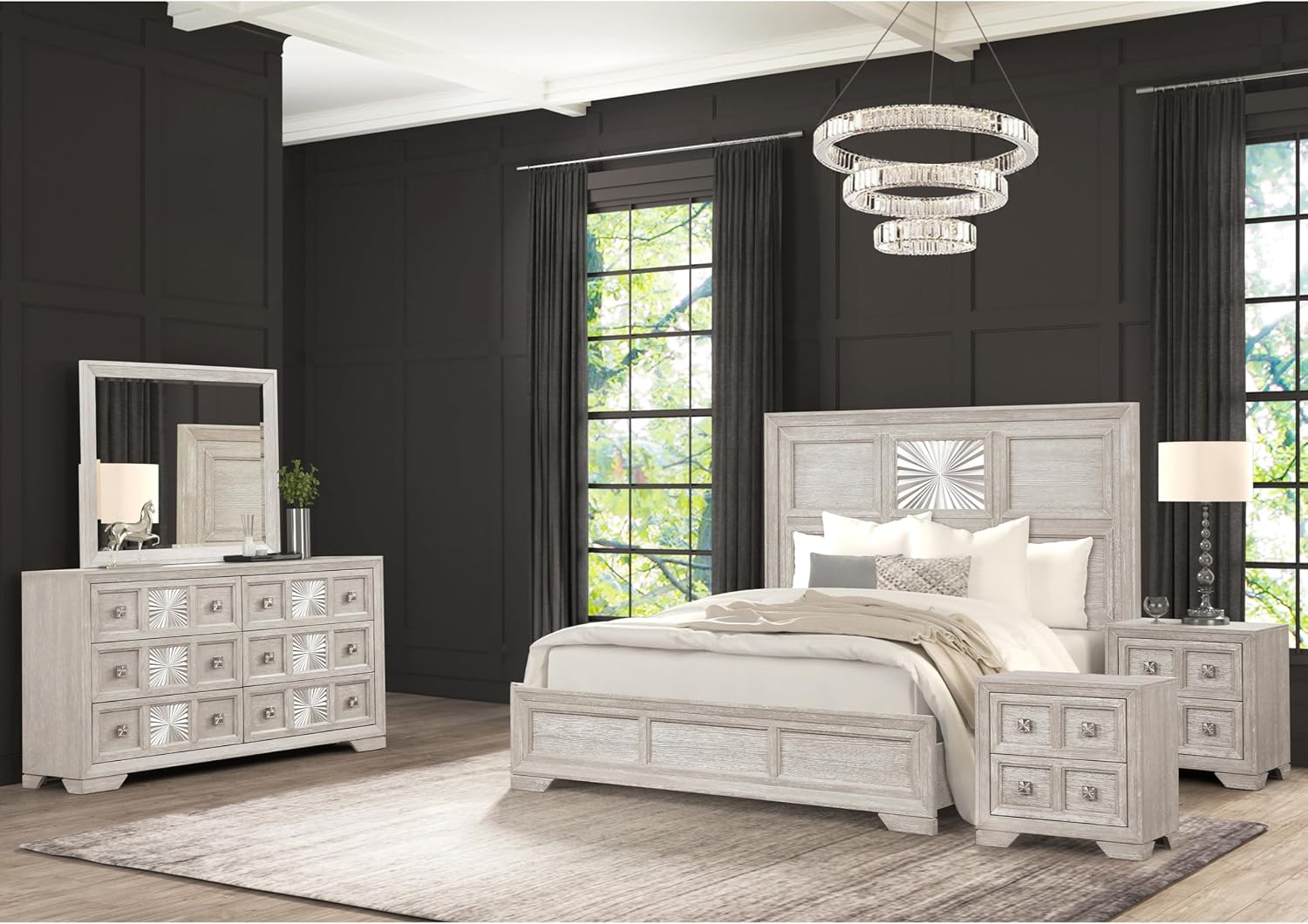 Furniture of America Narella Modern Wood 5-Piece Bedroom Set with Sunburst Pattern, Nickel Brushed Wire Hardware, Felt-Lined Top Drawers, Bracketed Feet, Box Spring Needed, Queen, Light Gray