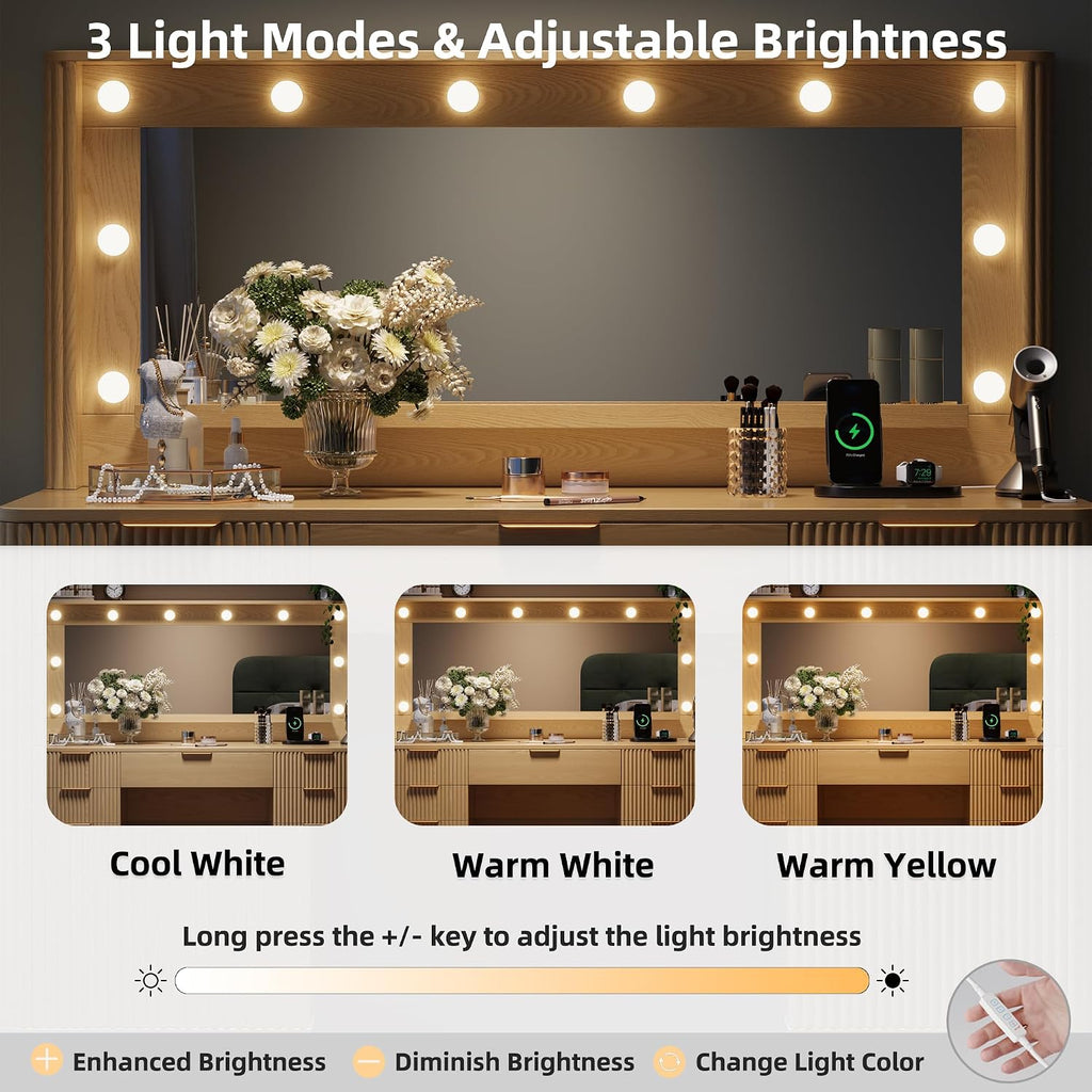 Fluted Makeup Vanity Desk with Large 39.3' Mirror and Lights, 48.8' Wood Vanity, Large Vanity Dressing Table, Modern Wooden Vanity Table for Women and Girls, Bedroom or Dorm (Nature)