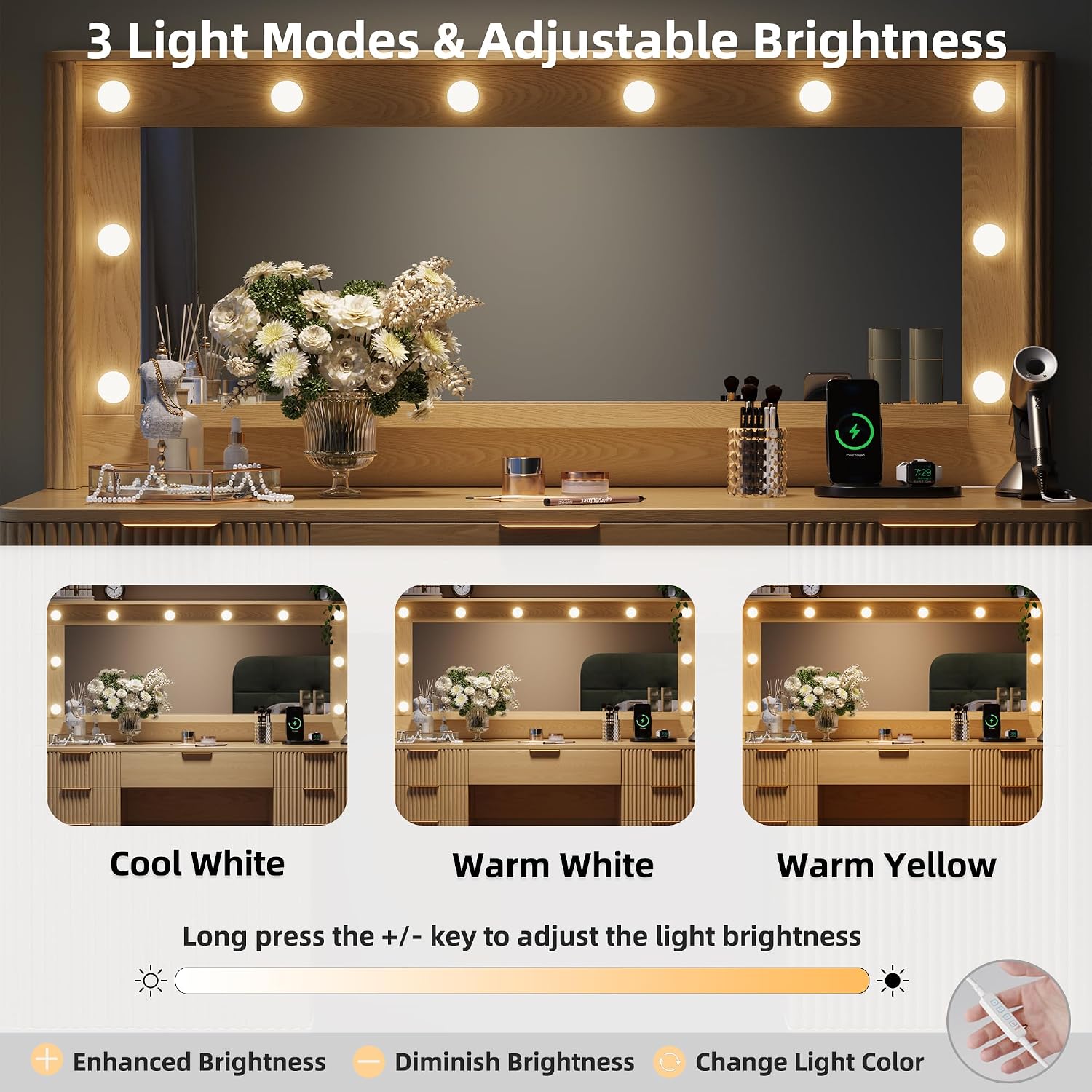 Fluted Makeup Vanity Desk with Large 39.3' Mirror and Lights, 48.8' Wood Vanity, Large Vanity Dressing Table, Modern Wooden Vanity Table for Women and Girls, Bedroom or Dorm (Nature)
