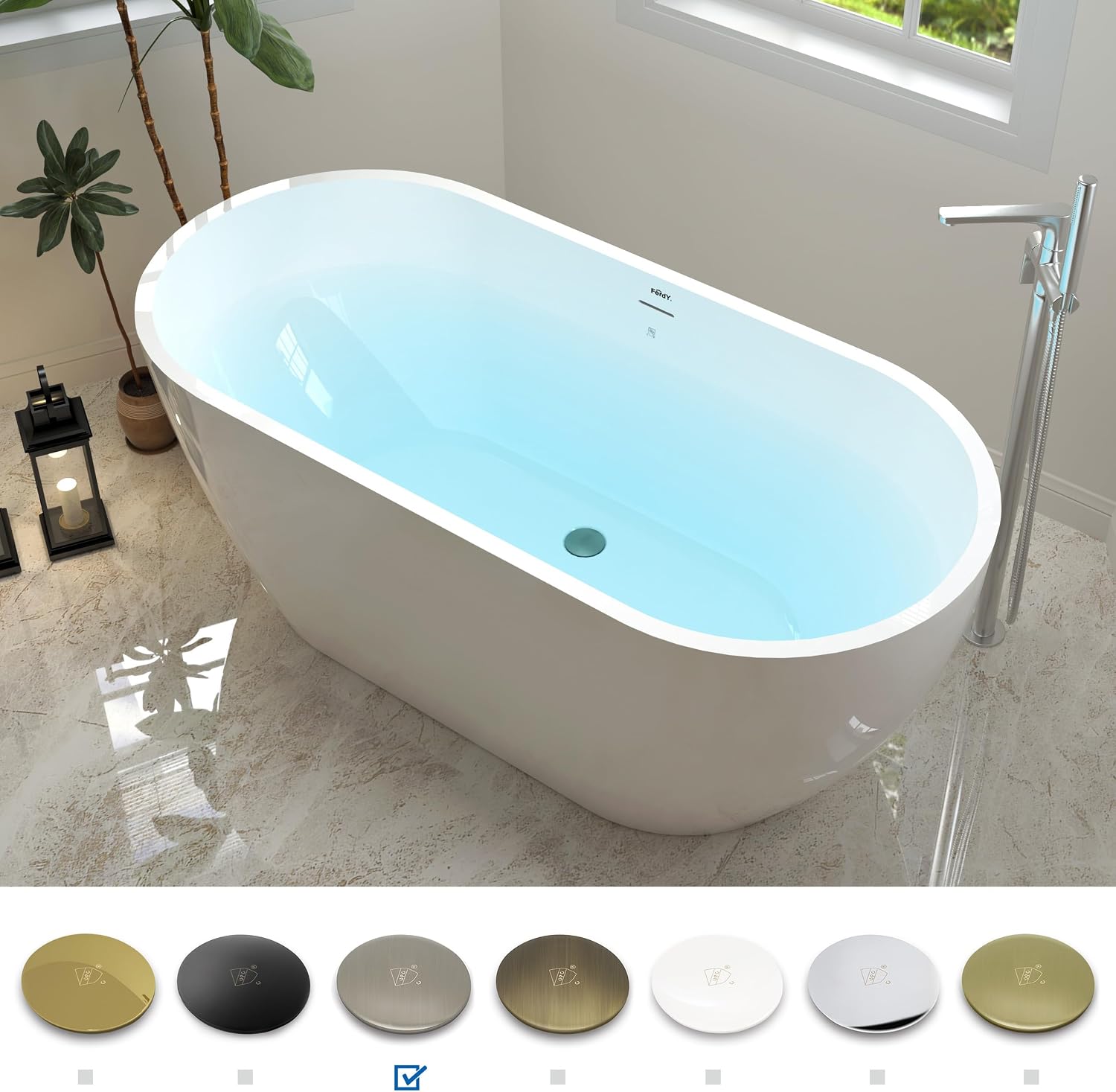 FerdY Nauru 59' Acrylic Freestanding Bathtub, Gracefully Shaped Freestanding Soaking Bathtub with Brushed Nickel Drain & Minimalist Linear Design Overflow, Glossy White, cUPC Certified