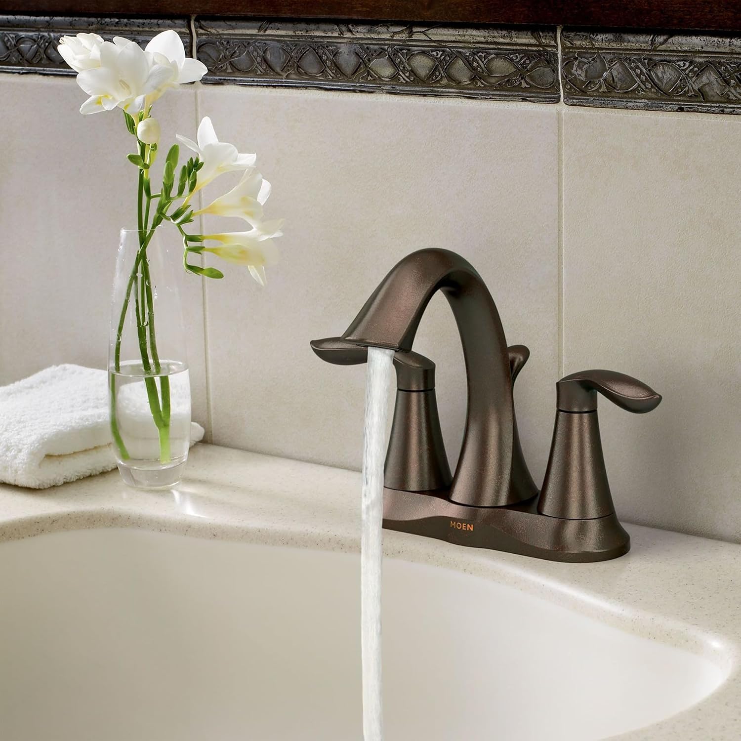 Moen Eva Oil-Rubbed Bronze Two-Handle Centerset Lavatory Faucet with Drain Assembly, Sink Faucet Bathroom 3-Hole for Standard 4-inch Countertop Setup, 6410ORB