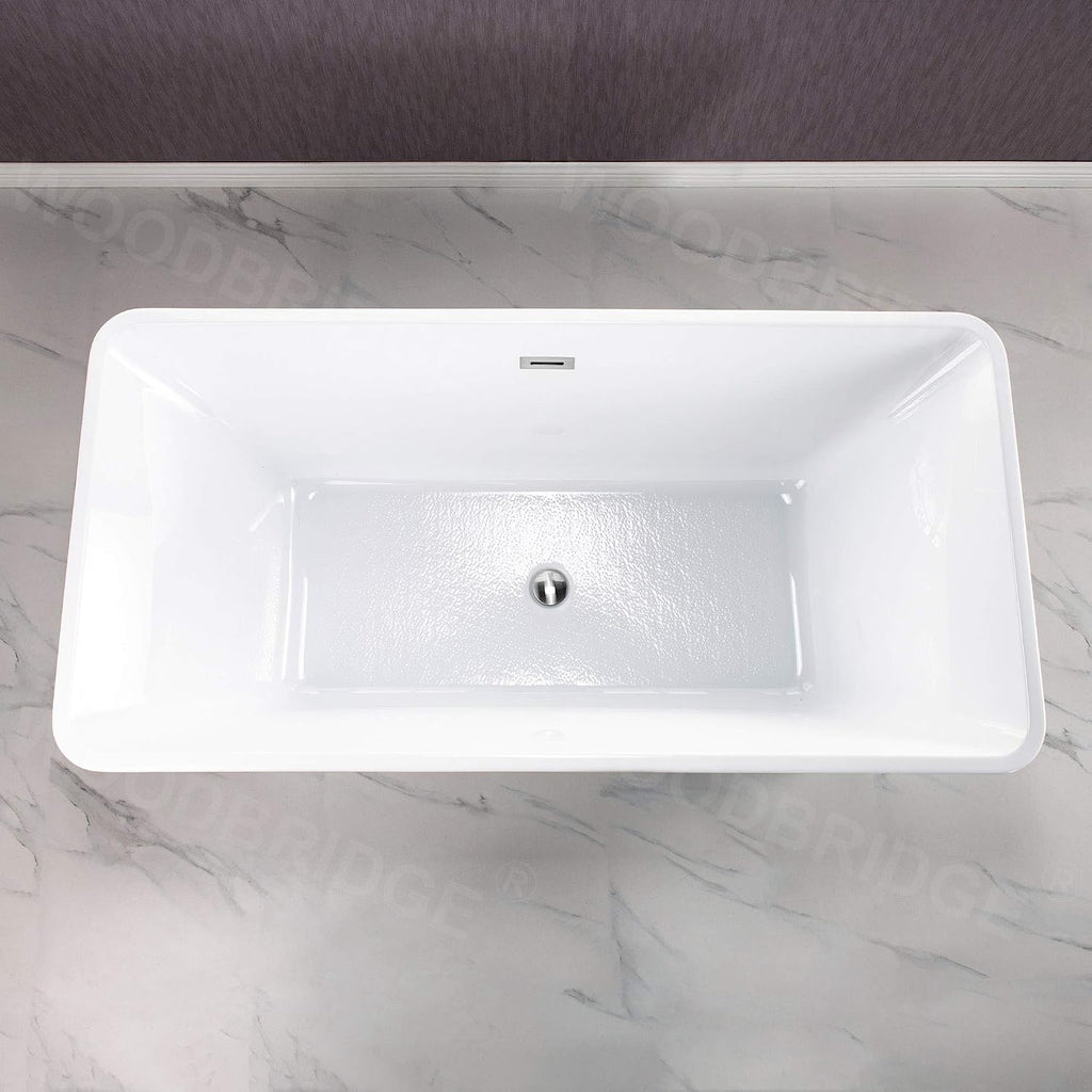 WOODBRIDGE 59' Acrylic Freestanding Bathtub Contemporary Soaking White Tub with Chrome Overflow and Drain，BTA1509 -C-Drain &O