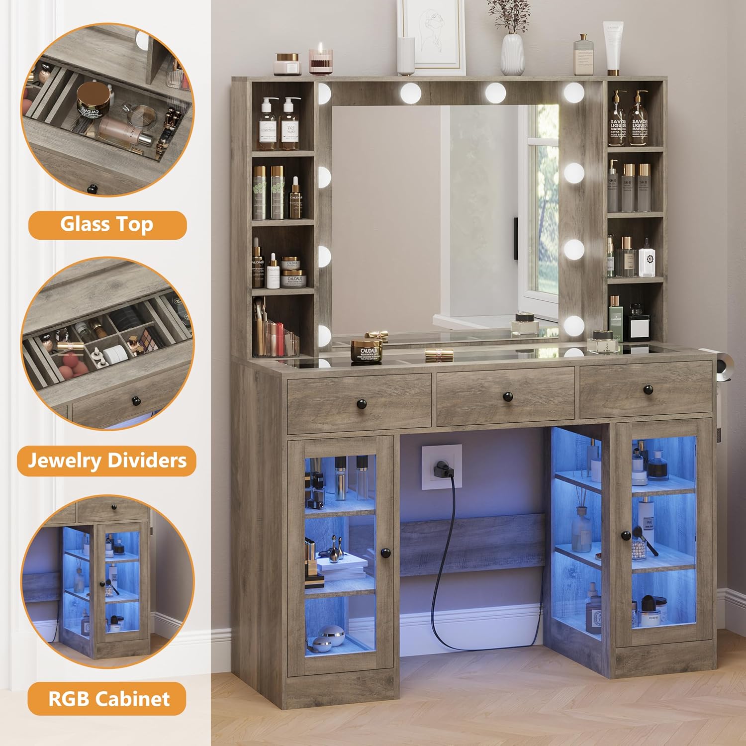 Grey Vanity Desk with Mirror and Lights, Glass Top Vanity with Lighted Mirror & RGB Glass Cabinet and 3 Drawers, Farmhouse Makeup Vanity Desk with Lights Dressing Table for Bedroom, 3 Color Modes