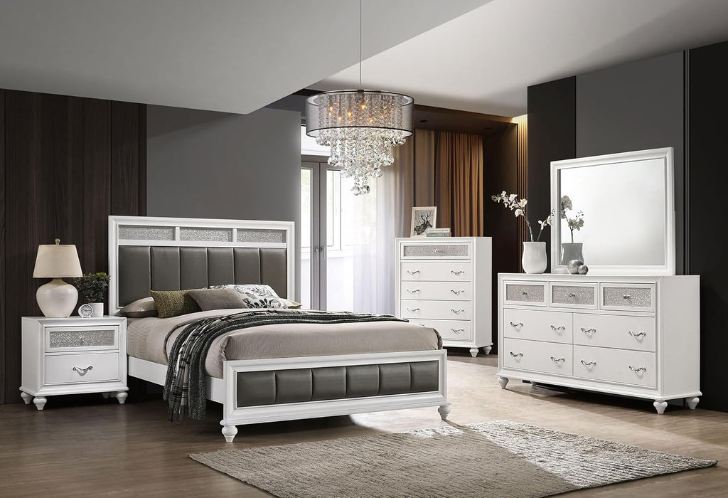 Coaster Home Furnishings Barzini Modern Classic 5-Piece Bedroom Set Leatherette Upholstered California King Size Panel Bed Frame 56-inch Headboard White 205891KW-S5