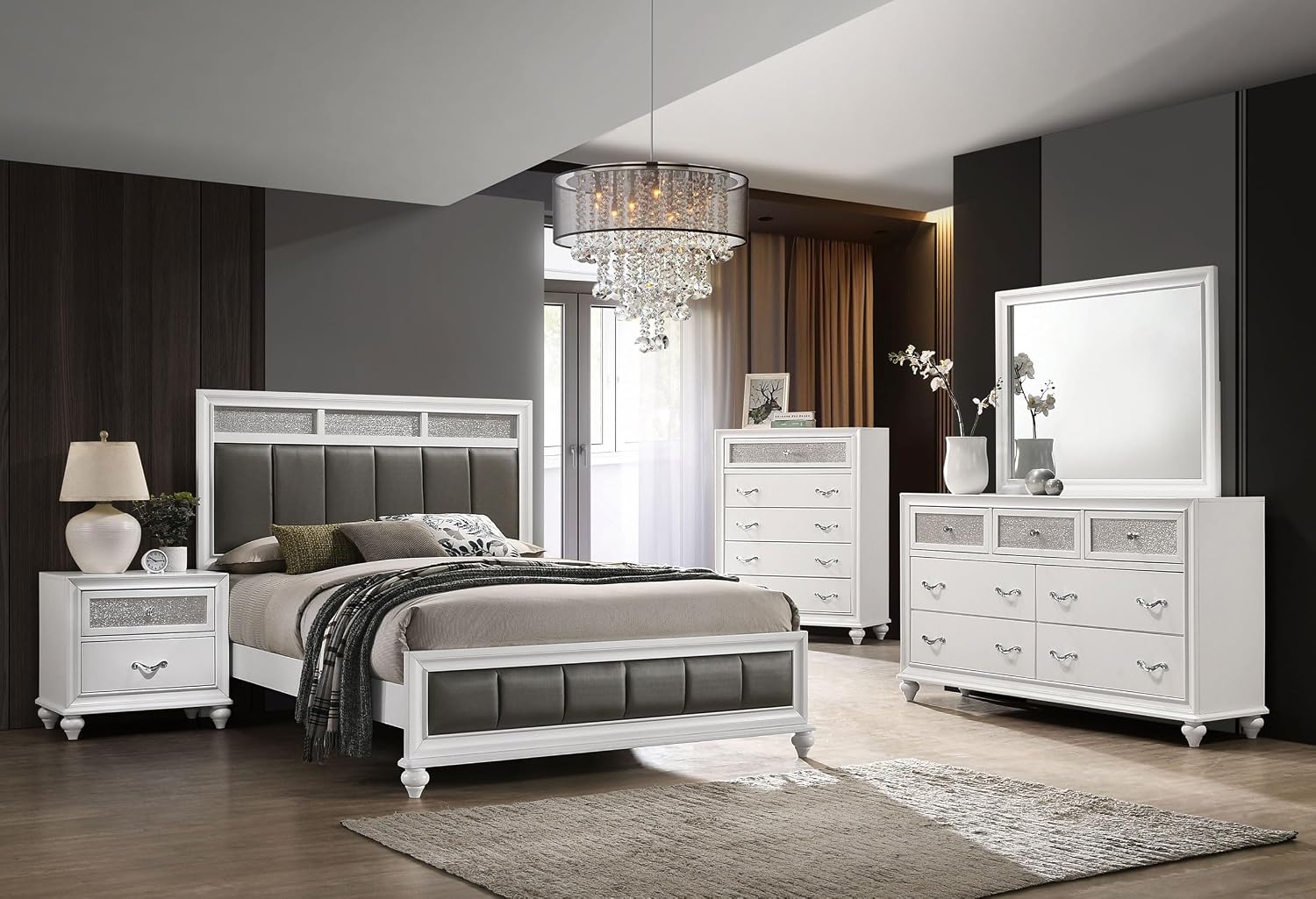 Coaster Home Furnishings Barzini Modern Classic 5-Piece Bedroom Set Leatherette Upholstered California King Size Panel Bed Frame 56-inch Headboard White 205891KW-S5