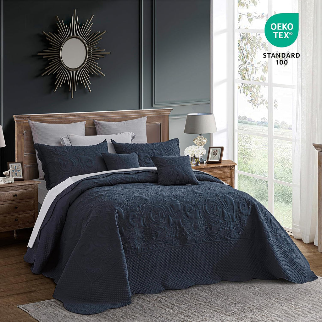 Oversized King Bedspread 138x122 Extra Wide, Paisley Pattern Design, Lightweight Bedding Cover, Reversible, 5 Piece, 100% Microfiber, California/Alaskan King, Navy Blue