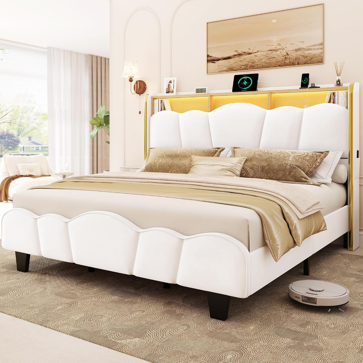 LARMACE King Size Bed Frame with LED Lights and Charging Station Velvet Upholstered Platform Bed Frame with Storage Headboard, No Box Spring Needed, Easy Assembly, White