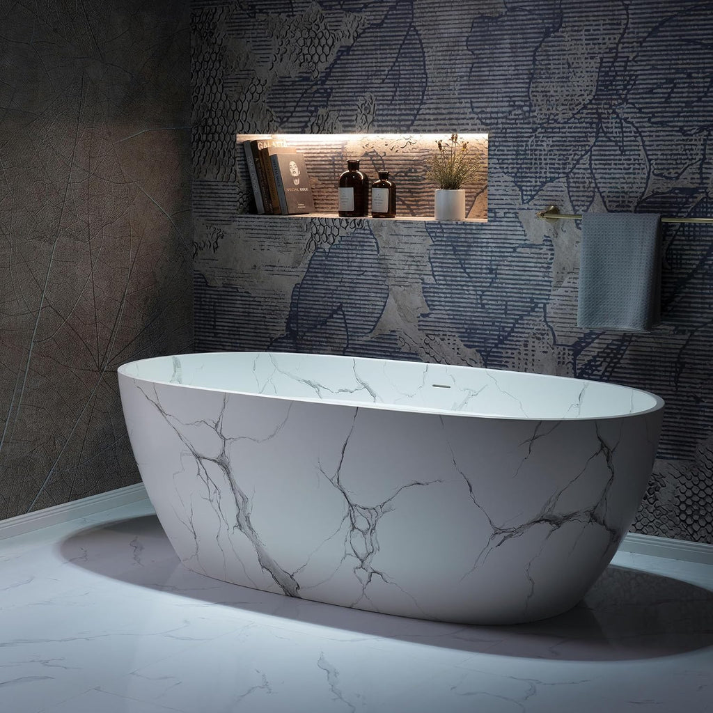 WOODBRIDGE 67' Marble-Pattern Stone Resin Freestanding Soaking Tub, Modern Oval Solid Surface Bathtub with Integrated Slotted Overflow & Drain, Matte Finish, CST0745