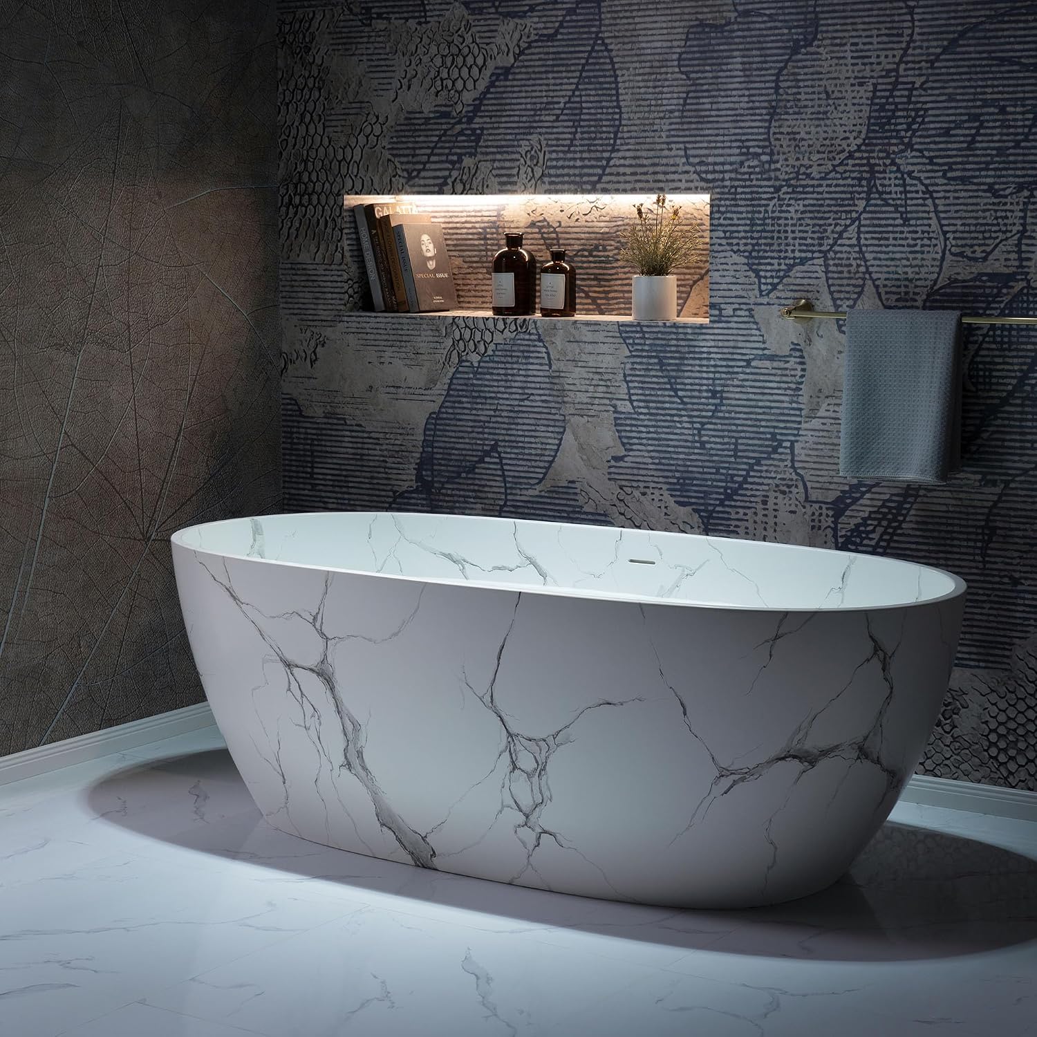 WOODBRIDGE 67' Marble-Pattern Stone Resin Freestanding Soaking Tub, Modern Oval Solid Surface Bathtub with Integrated Slotted Overflow & Drain, Matte Finish, CST0745