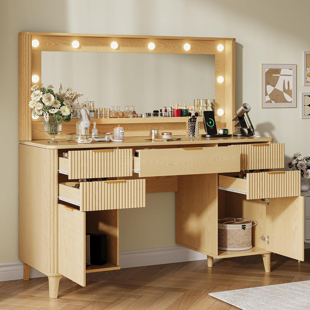 Fluted Makeup Vanity Desk with Large 39.3' Mirror and Lights, 48.8' Wood Vanity, Large Vanity Dressing Table, Modern Wooden Vanity Table for Women and Girls, Bedroom or Dorm (Nature)