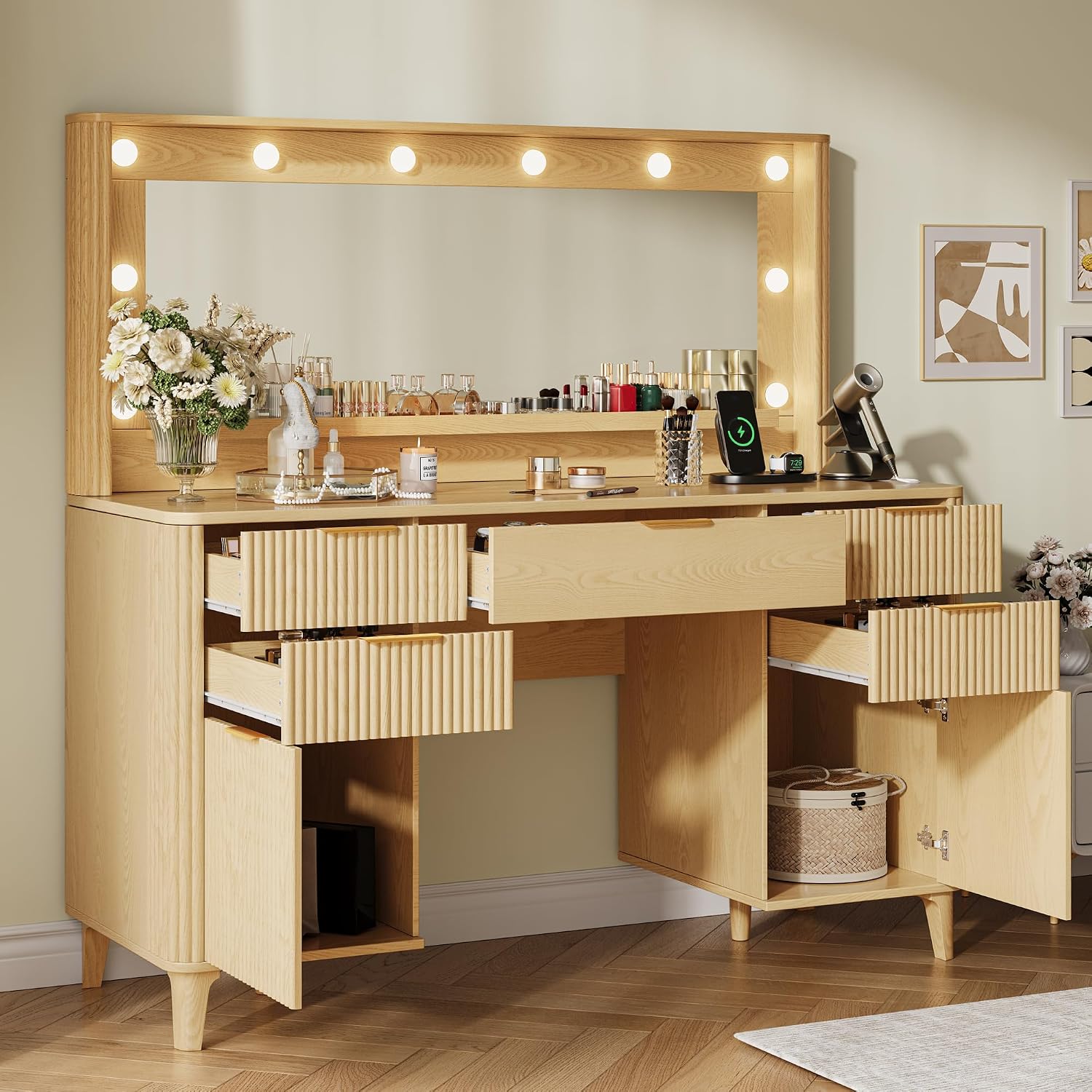 Fluted Makeup Vanity Desk with Large 39.3' Mirror and Lights, 48.8' Wood Vanity, Large Vanity Dressing Table, Modern Wooden Vanity Table for Women and Girls, Bedroom or Dorm (Nature)