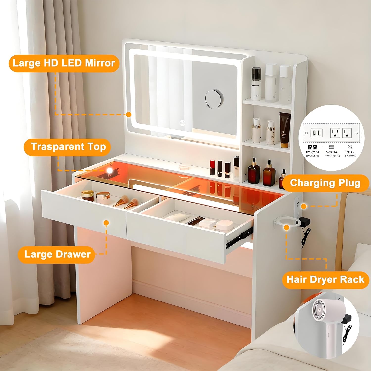 Vanity Desk,Makeup Vanity Desk with Mirror and Lights,Transparent Top with LED Multiple Color Lights,Mirror 3 Color Modes 2 Drawers,Power Outlet,Dressing Table for Girls Bedroom,White