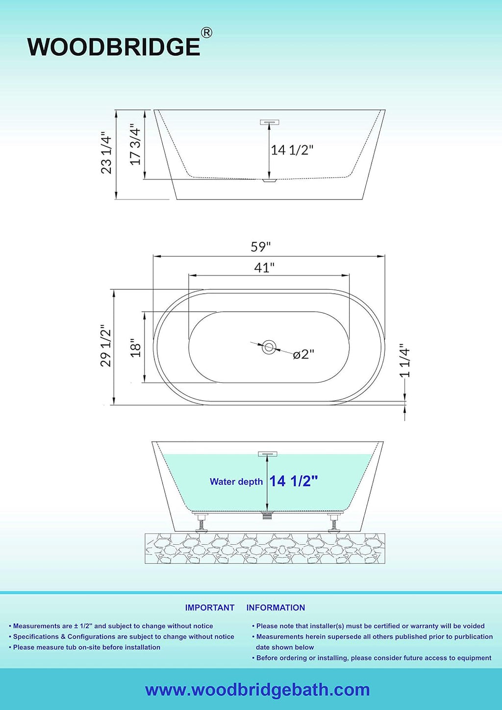 WOODBRIDGE 59' Acrylic Freestanding Bathtub Contemporary Soaking White Tub with Oil-Rubbed Bronze Overflow and Drain，B0014-ORB