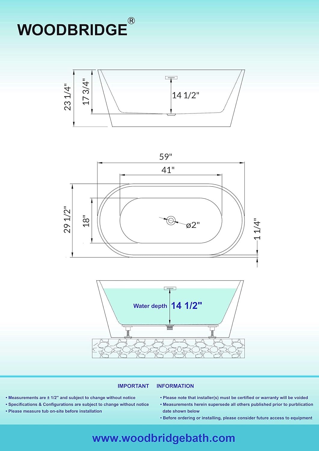 WOODBRIDGE 59' Acrylic Freestanding Bathtub Contemporary Soaking White Tub with Oil-Rubbed Bronze Overflow and Drain，B0014-ORB