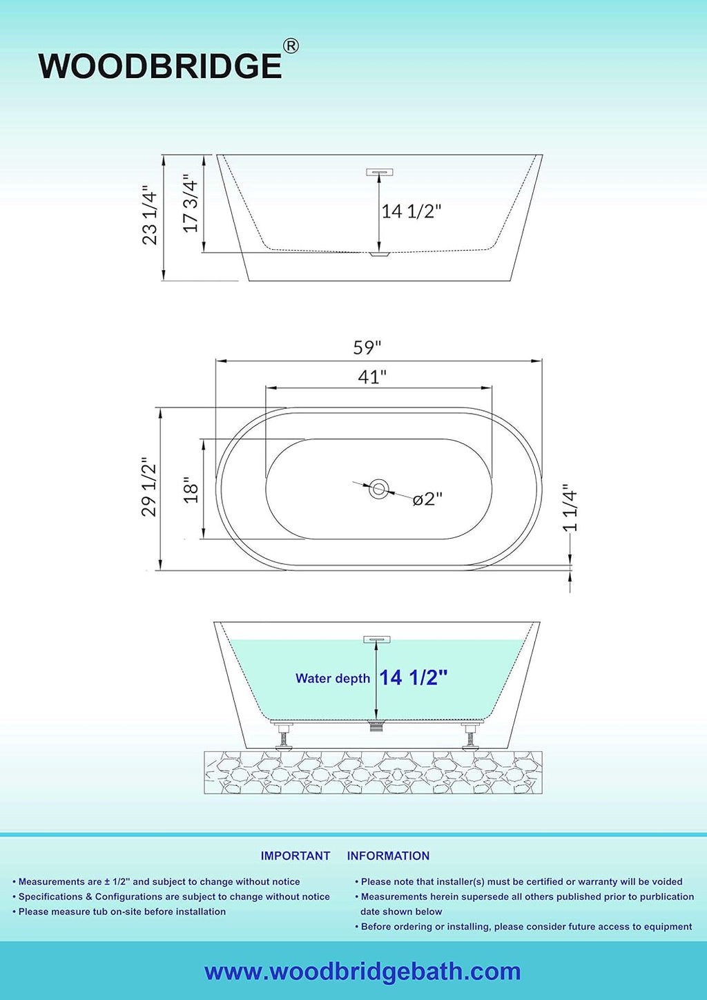 WOODBRIDGE 59' Acrylic Freestanding Bathtub Contemporary Soaking White Tub with Brushed Nickel Overflow and Drain,B0014-BN