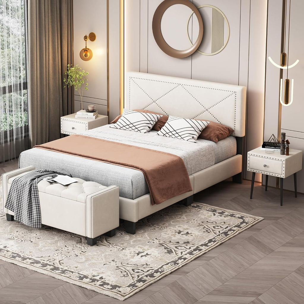 VilroCaz Exquisite 4-Pieces Bedroom Sets Queen Size Upholstered Bed Frame with Rivet Design Headboard, 2 Nightstands and Tufted Storage Ottoman (Beige-v4)