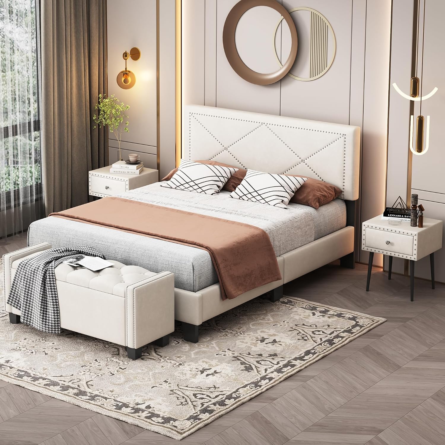 VilroCaz Exquisite 4-Pieces Bedroom Sets Queen Size Upholstered Bed Frame with Rivet Design Headboard, 2 Nightstands and Tufted Storage Ottoman (Beige-v4)