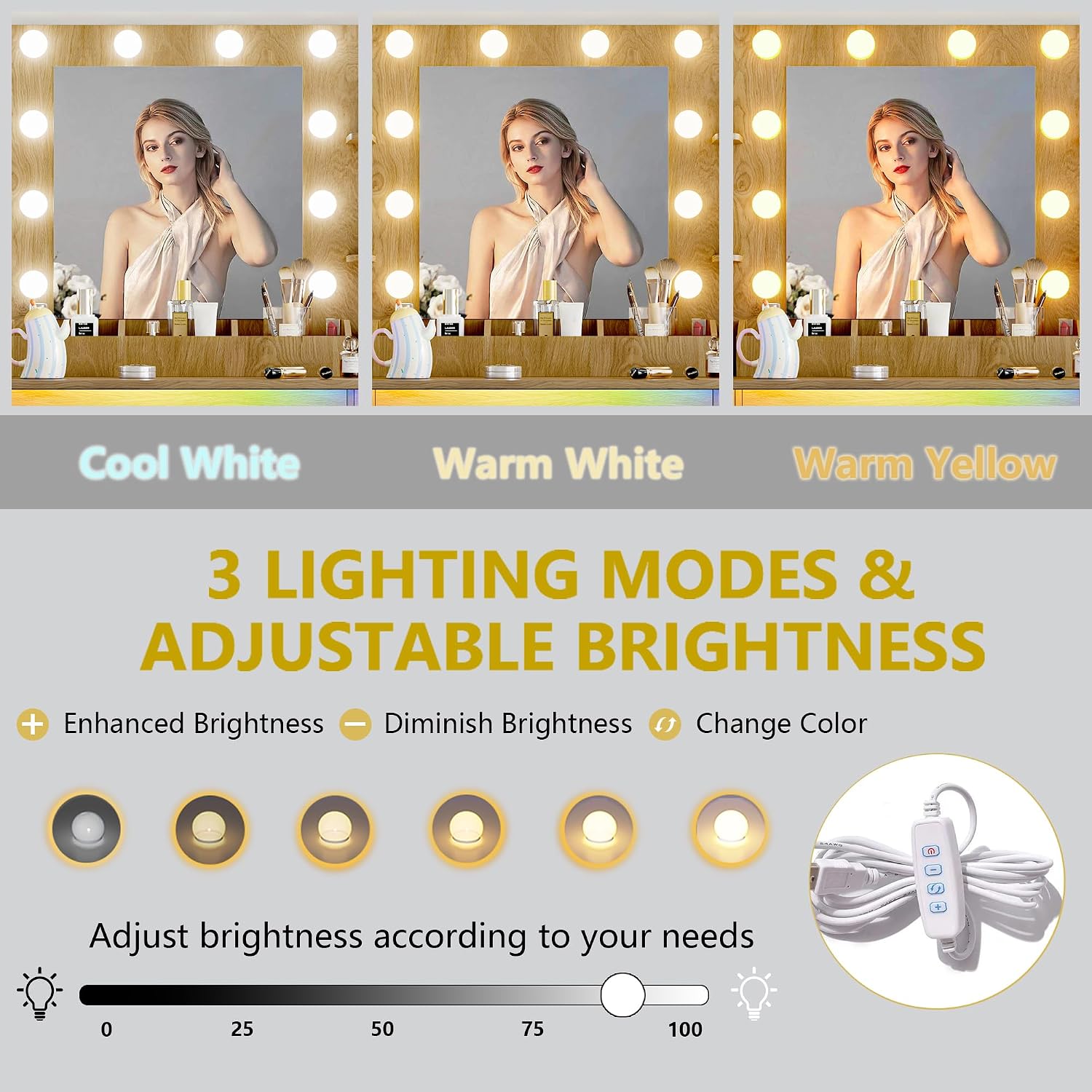 Vanity Desk with Mirror and Lights, 43'' Makeup Dressing Table Set with 5 Drawers & Power Outlet, 3 Lighting Modes Brightness Adjustable, Vanity with RGB Ambient Light for Women Girls Bedroom, Oak