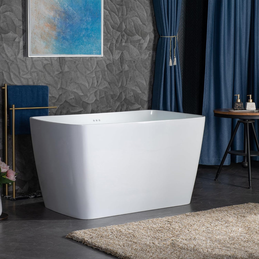 WOODBRIDGE 48' Acrylic Freestanding Rectangular Air Bath Bathtub with Pre-molded Seat and Chrome Pop-Up Drain and Overflow Option, White, B0170-C
