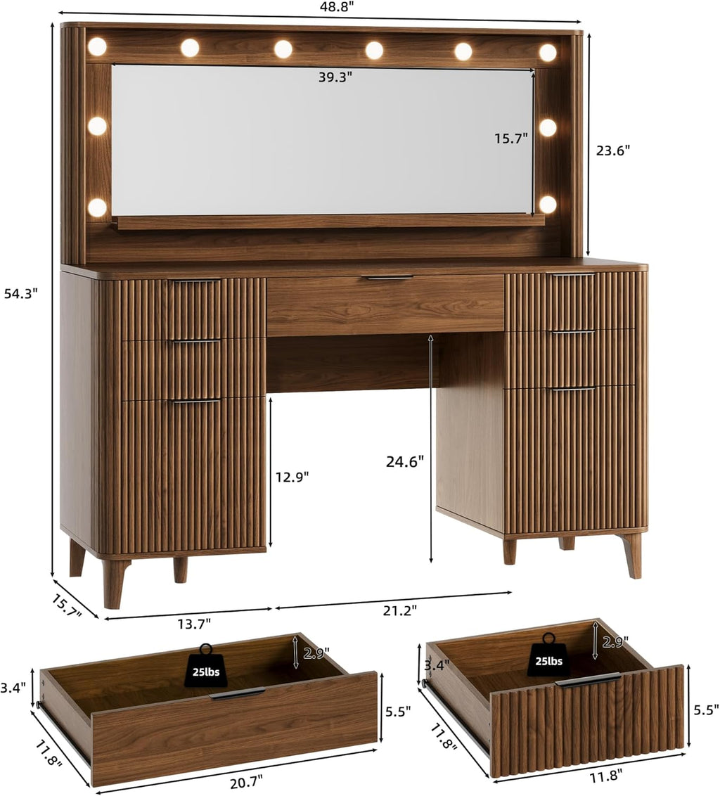 Fluted Makeup Vanity Desk with Large 39.3' Mirror and Lights, 48.8' Wood Vanity, Large Vanity Dressing Table, Modern Wooden Vanity Table for Women and Girls, Bedroom or Dorm (Walnut)