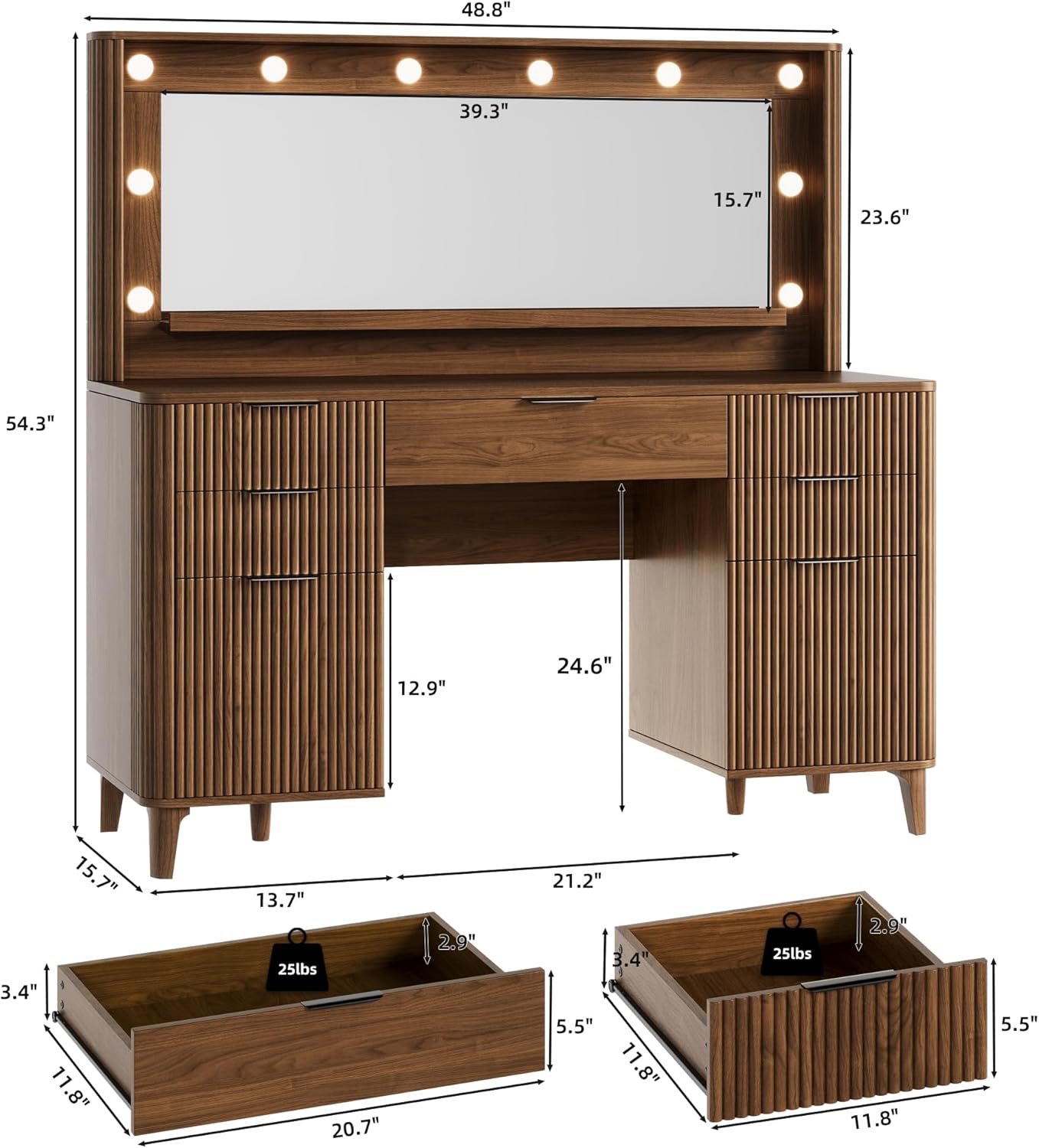 Fluted Makeup Vanity Desk with Large 39.3' Mirror and Lights, 48.8' Wood Vanity, Large Vanity Dressing Table, Modern Wooden Vanity Table for Women and Girls, Bedroom or Dorm (Walnut)