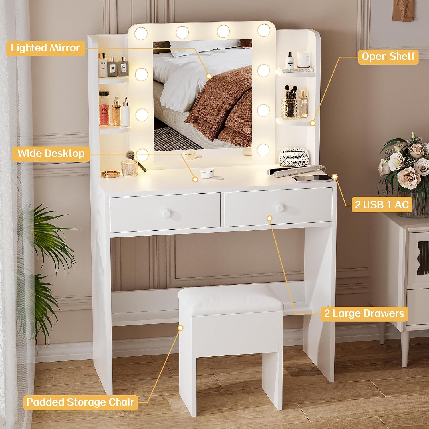 Haewon White Vanity Desk with Mirror and Lights, Makeup Vanity with 10 LED Bulbs and 3 Color Modes, Dressing Table Set with Power Outlets, Storage Drawers and Chair for Bedroom