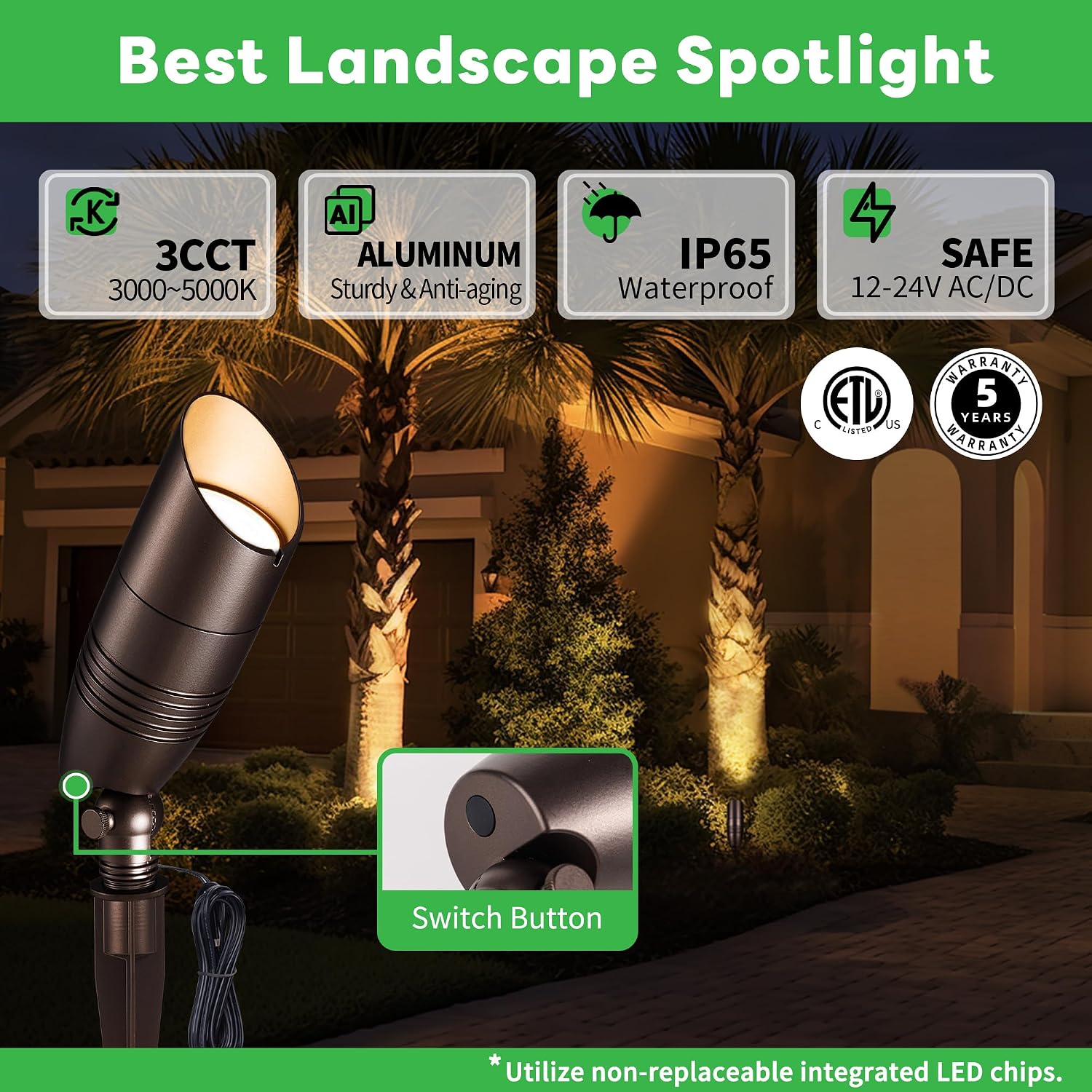 Landscape Light Kit, 6 Pack 3CCT Selectable Spot Light and 100W Low Voltage Transformer and 100FT Cable and 30 Wire Connectors, Aluminum ORB Waterproof LED Uplight for Garden Flag Wall