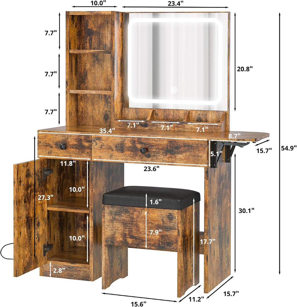 IRONCK Vanity Desk with LED Lighted Mirror & Power Outlet, Makeup Table with Drawers & Cabinet,Storage Stool,for Bedroom, Vintage Brown
