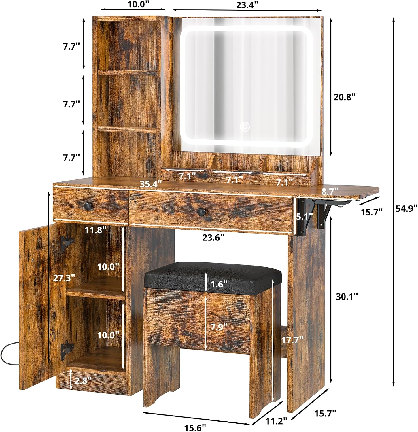 IRONCK Vanity Desk with LED Lighted Mirror & Power Outlet, Makeup Table with Drawers & Cabinet,Storage Stool,for Bedroom, Vintage Brown