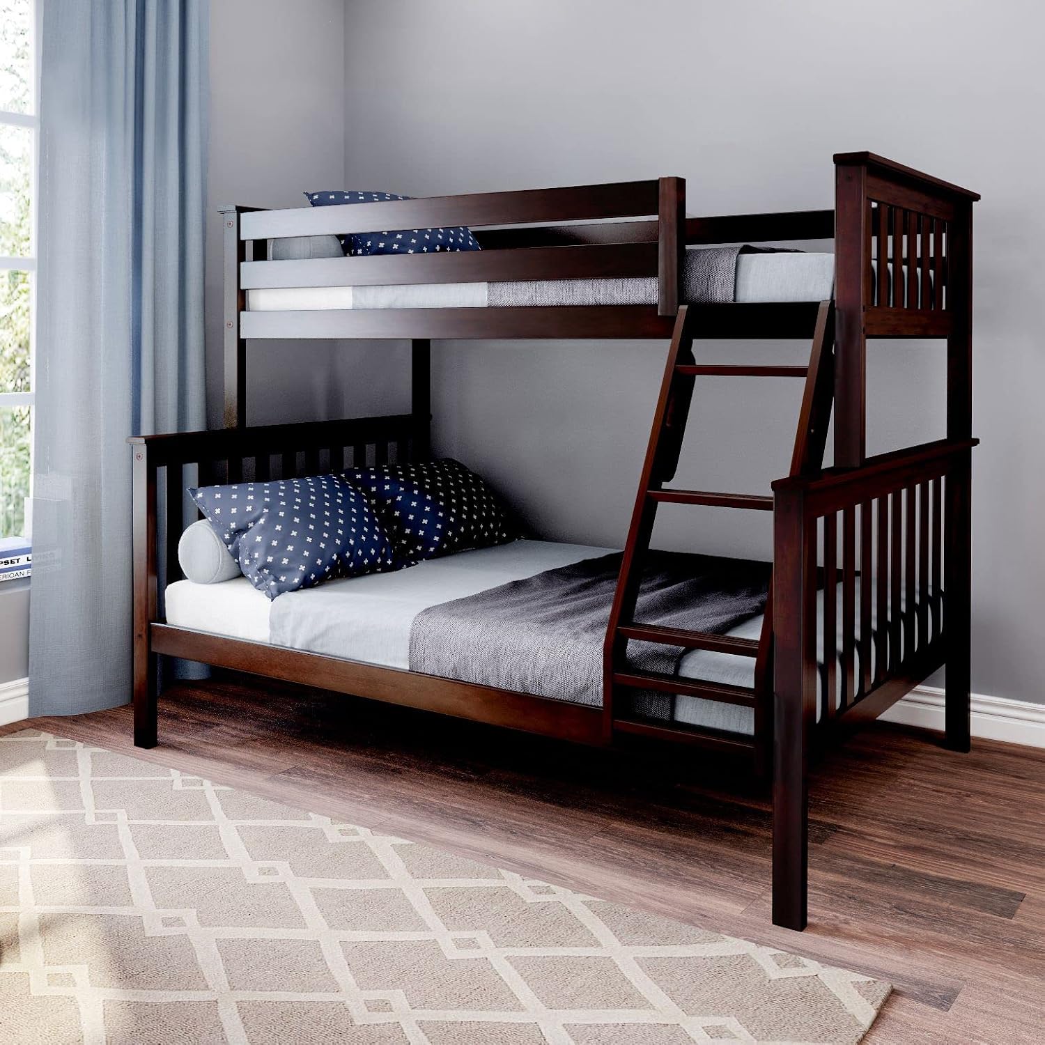 Max & Lily Bunk Bed Twin Over Full Size with Ladder, Solid Wood Platform Bed Frame with Ladder for Kids, 14' Safety Guardrails, Easy Assembly, No Box Spring Needed, Espresso