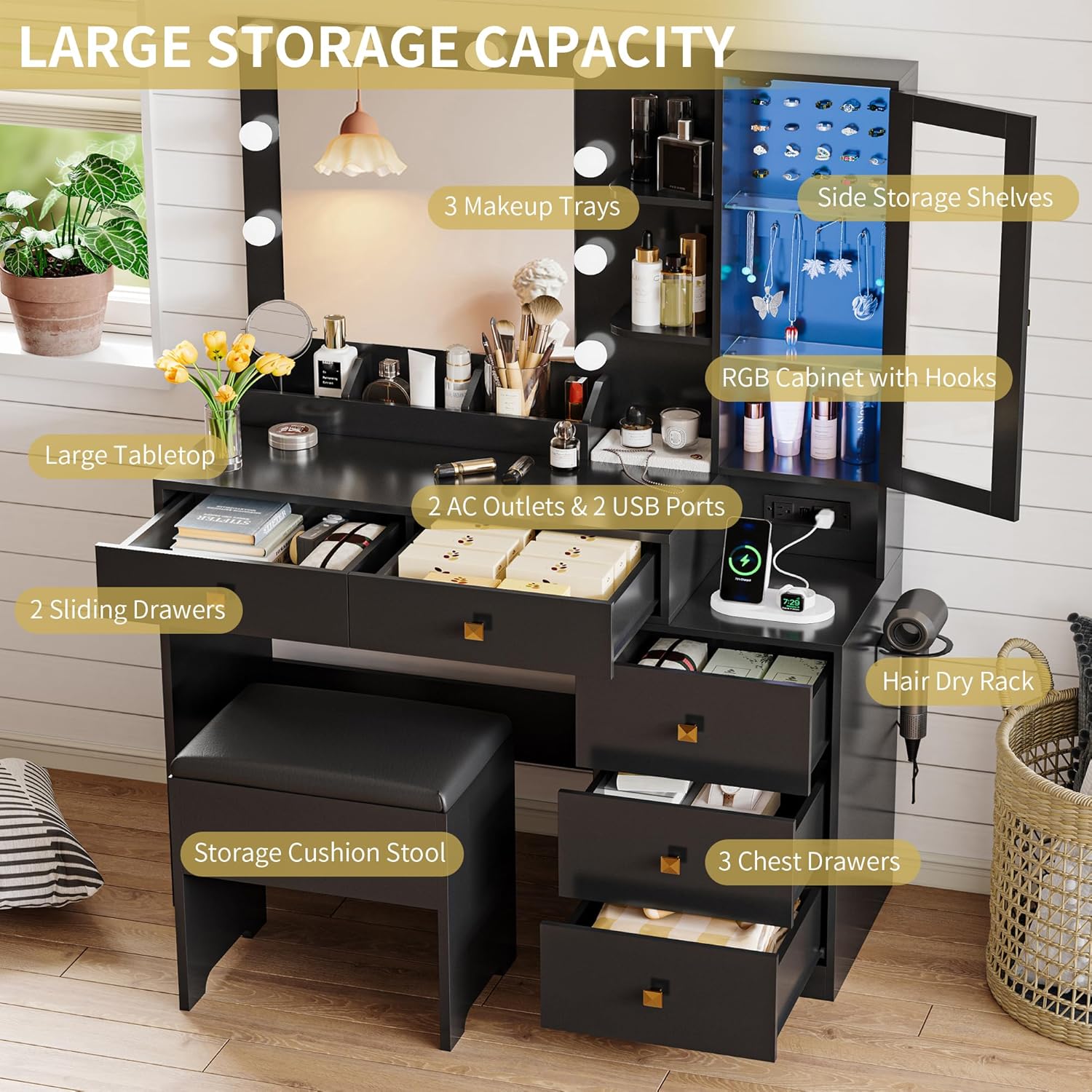 Vanity Desk with Mirror and Lights, Makeup Vanity Table Set with 5 Storage Drawers, Power Outlet & Chair, Small Dressing Table with RGB Ambient Light, Adjustable Brightness for Girls Bedroom, Black