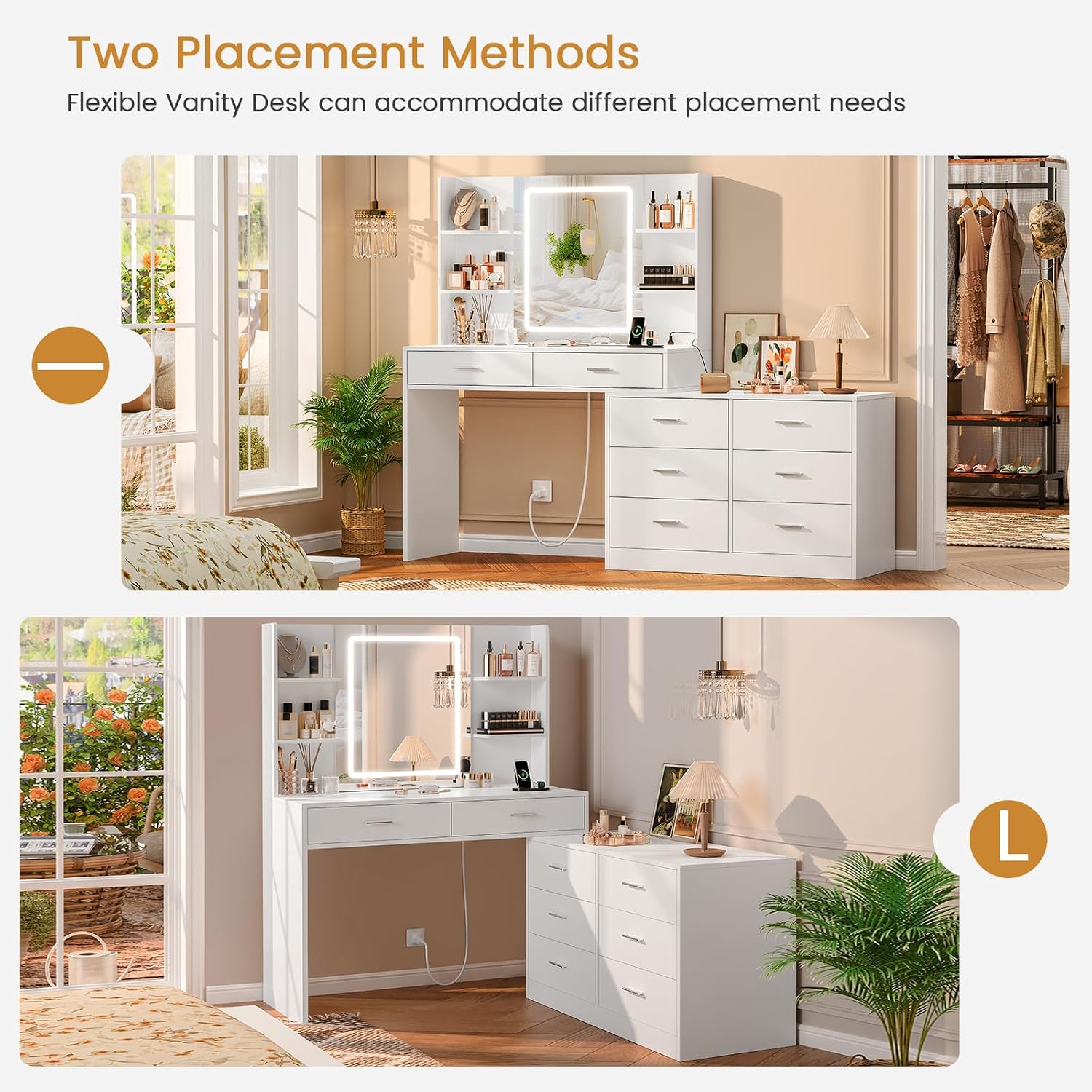 Quimoo Vanity Desk with LED Lighted Mirror & Power Outlet, Modern Corner Makeup Vanity Table with 8 Drawers & Open Shelves, Dressing Table for Bedroom, Makeup Room, White