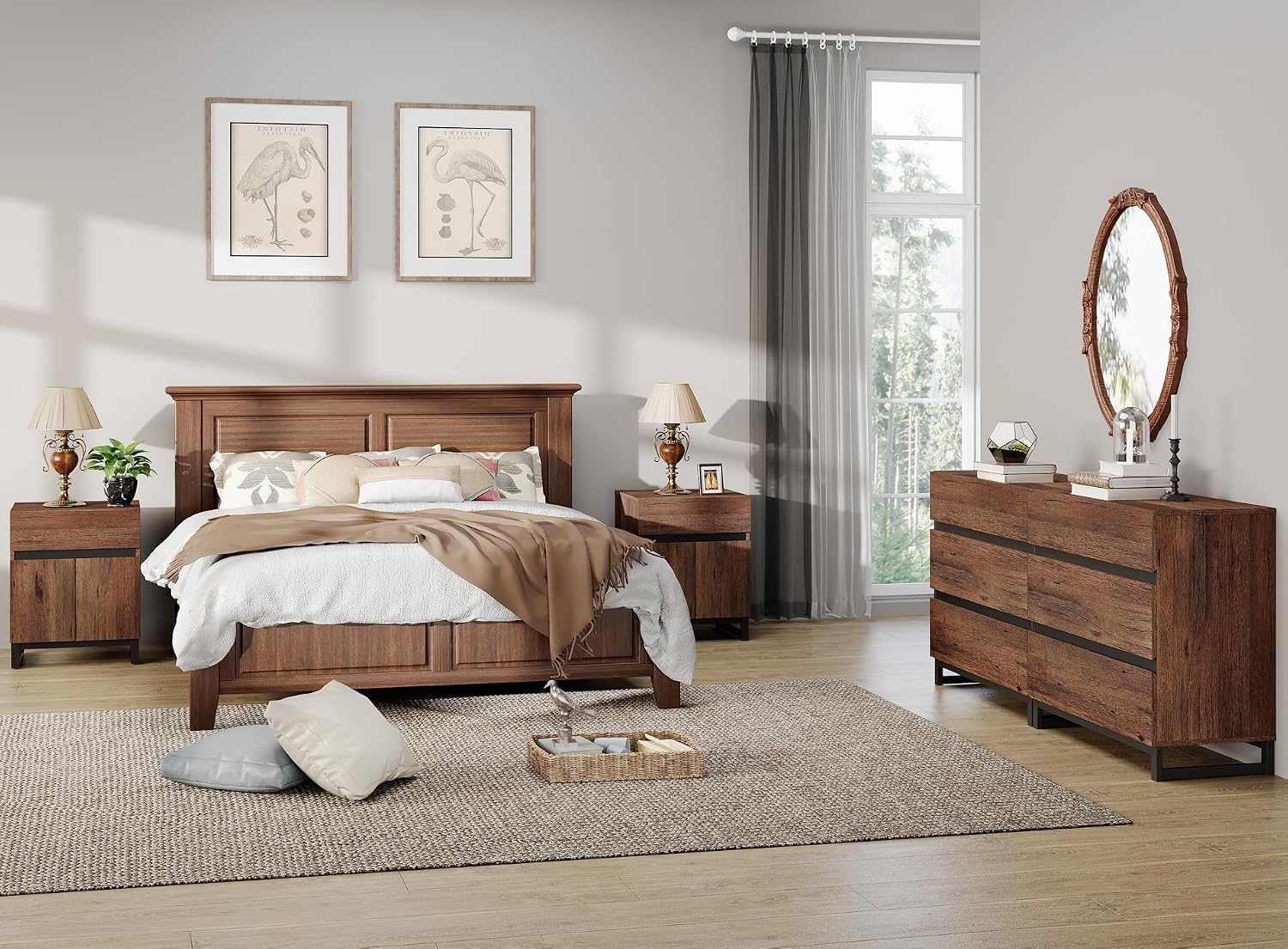 WAMPAT 3-Piece Modern Bedroom Furniture Set, 63-Inch Dresser with 6 Drawers and 2 Nightstands Featuring Drawer and Cabinet Design, Bedroom Set of 3, Brown